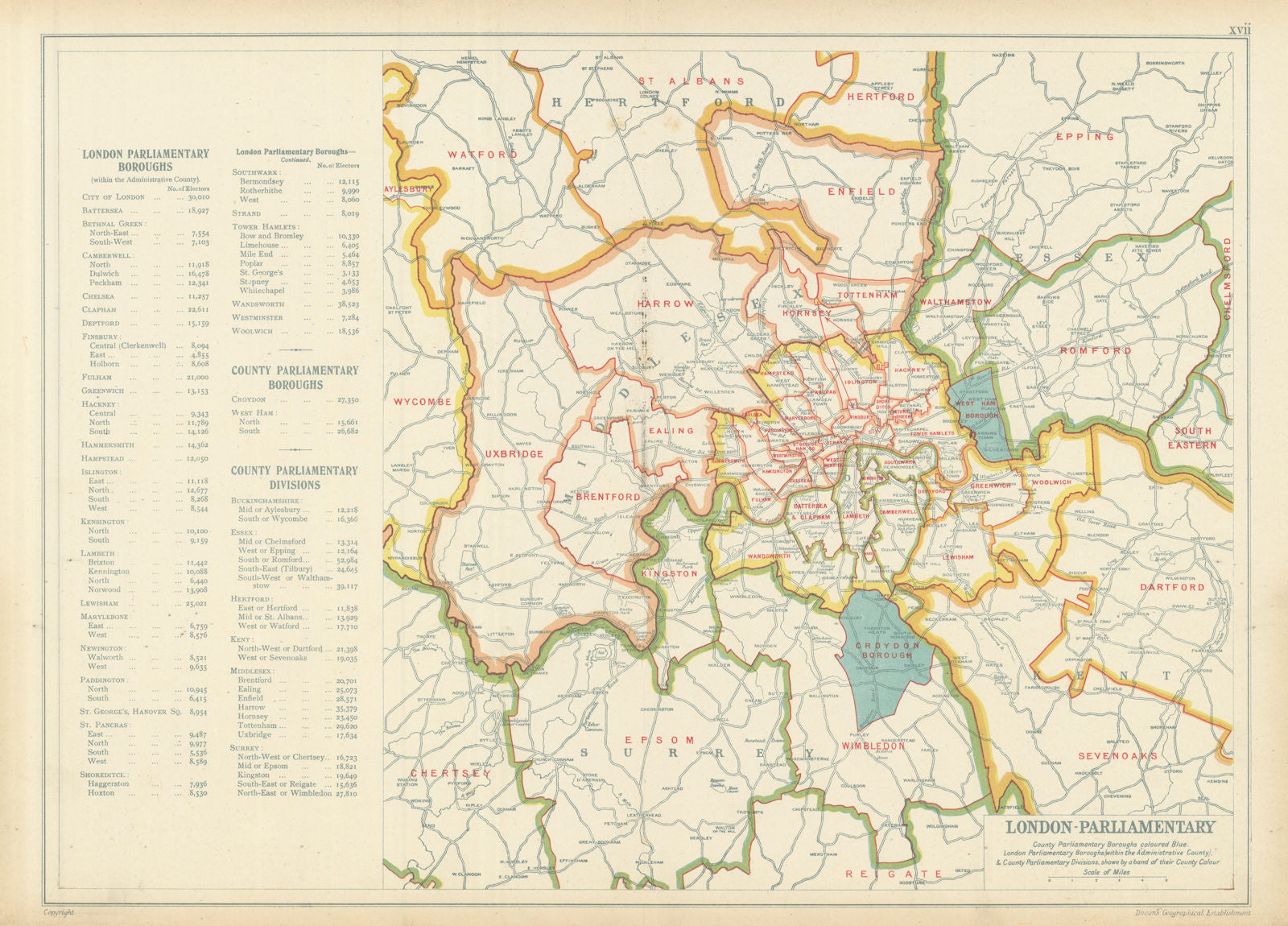 GREATER LONDON PARLIAMENTARY. Constituencies Boroughs # electors. BACON 1913 map